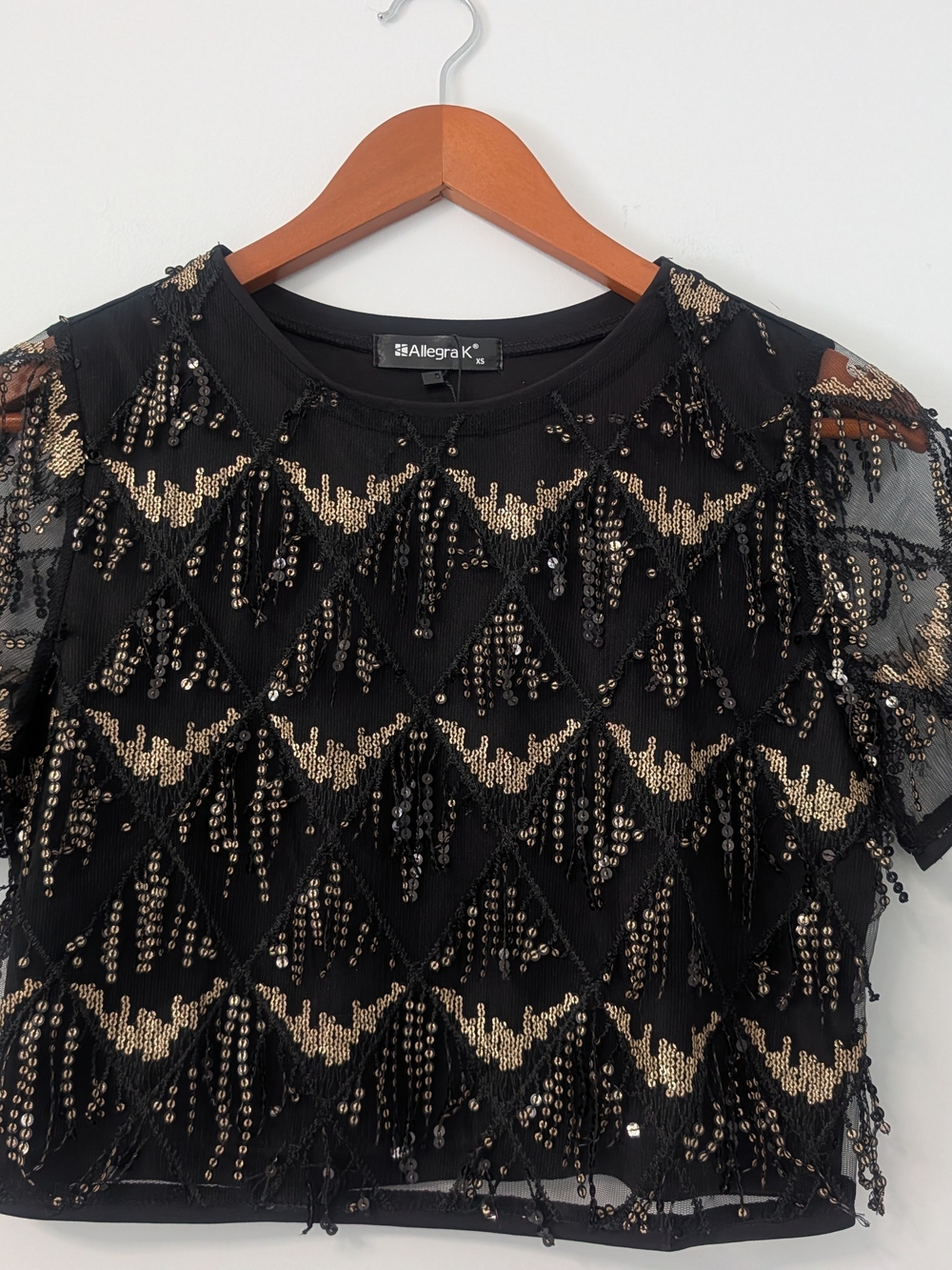 Allegra K Black and Gold Sequin Mesh Top